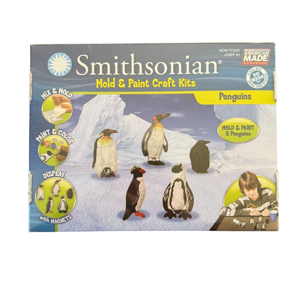 Smithsonian Mold & Paint Craft Kits 5 Penguins Magnets Easy Mix No Mess Sealed